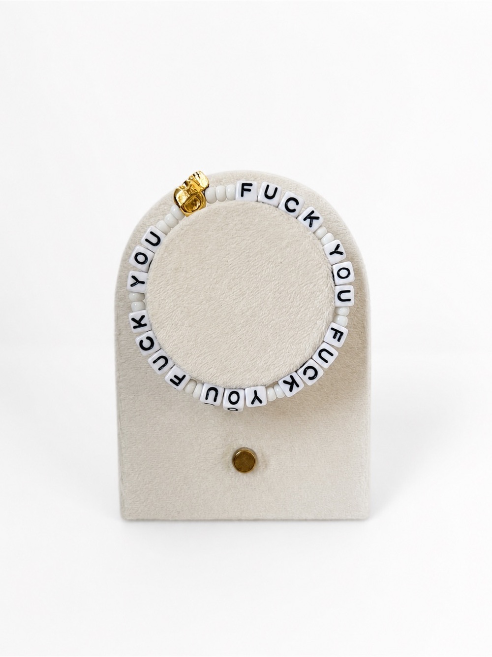 F You Beaded Bracelet in White with Gold Skull charm